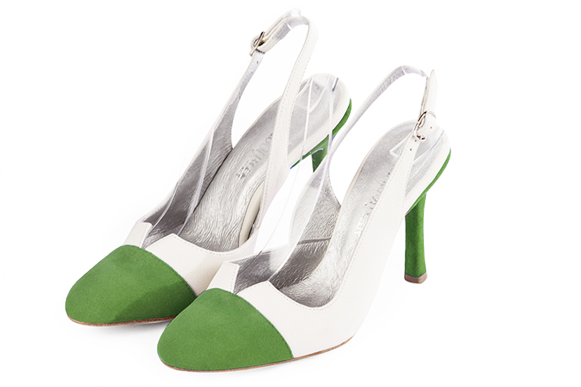 Grass green and off white women's slingback shoes. Round toe. Very high slim heel. Front view - Florence KOOIJMAN